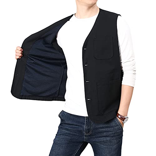 PRIJOUHE Mens Casual Cotton Vest Lightweight Outdoor Fishing Utility Vest - color: 02-black, size: Small