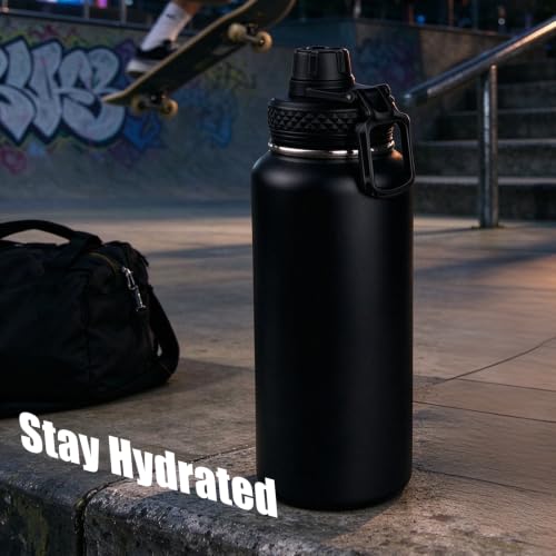 DEFUNX 32 Oz Water Bottle with Sleeve - Insulated Bottle with Strap Stainless Steel Gym Water Bottles for Men Sports Workout Hiking All Black - color: Black Bottle with All Black Sleeve, style: 32 Oz Water Bottle