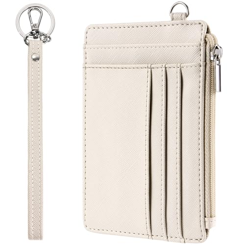 SEAVILIA Small Wallet for Women Slim Wristlet Keychain Wallets RFID Credit Card Holder With Zipper Pocket, ID Window (Beige) - color: Beige