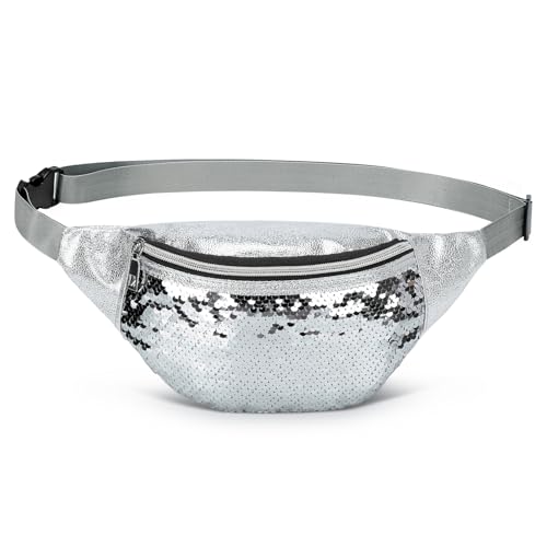 Holographic Sequined Fanny Packs for Women, Waist Belt Bag Fashion, Crossbody Bum Bag for Running, Silver - color: Silver