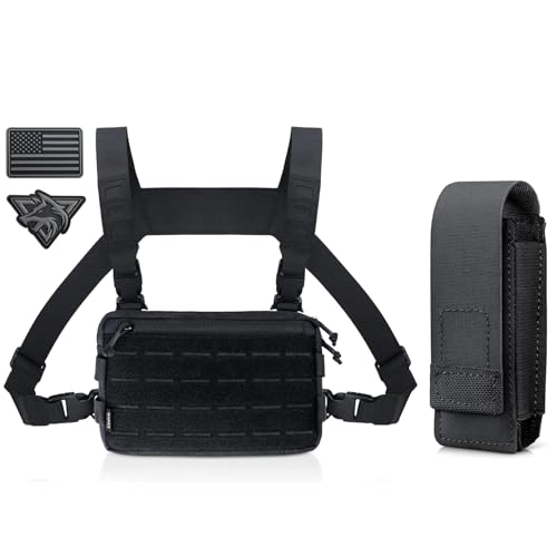 WYNEX Tactical Chest Rig Pack for Men, Running Chest Bag with Front Loop Airsoft Recon Chest Rigs for Hunting Outdoor EDC, WYNEX OC Pepper Spray Holster Pouch, Small MOLLE Flashlight Holder Tactical