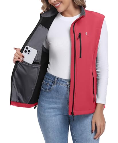 Little Donkey Andy Women's Fleece Softshell Vest Windproof Multi Pockets - color: Red, size: Large