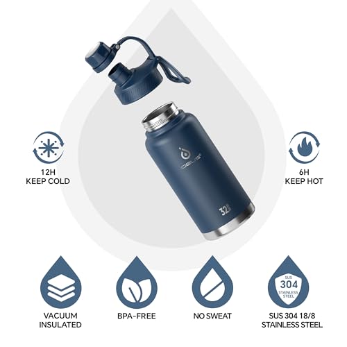 IDEUS 32oz Insulated Stainless Bottle with 2 Leakproof Lids, Navy Blue - color: Navy Blue, size: 32 Ounces