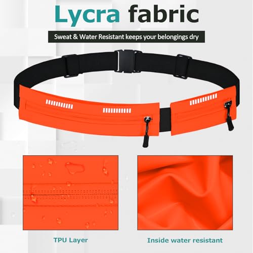 Running Belt Waist Pack, Orange, Dual Zippered Pockets, Adjustable Elastic Band with Reflective Strips (Orange) - color: Orange