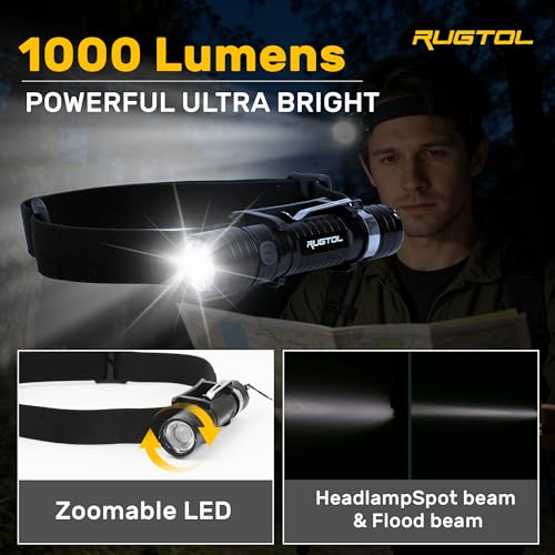 Rugtol Headlamp, USB C Rechargeable Battery Powered Head Lamp LED Flashlight with Clip Magnetic Base, 1000 Lumens Zoomable Aluminum Headlamp IPX4 Waterproof for Hard Hat Working Running Hiking - size: 1000 lm - Zoomable