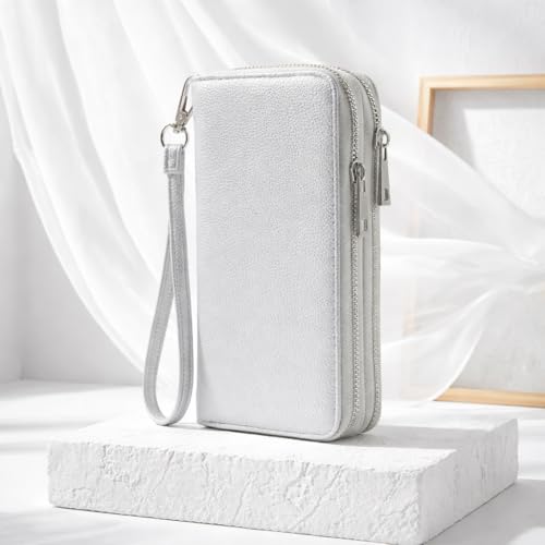 FashionPuzzle Double Zip Around PU Leather Wristlet Cell Phone Wallet - color: Silver