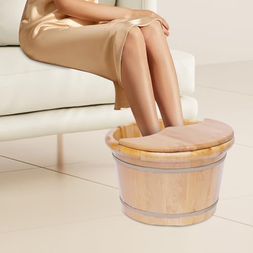 Wooden Foot Bath Bucket Foot Soaking Bath Basin with Lid Wood Footbath Barrel with Massage Roller Pedicure Barrel for Spa, Massage, Sauna 12.2 * 9.84in (Log Color) - color: Log Color