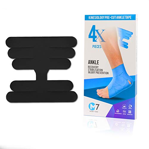 M7 Sport Kinesiology Tape for Ankle Sprain and Stability, Kt Tape for Ankle, Pain Relief Therapeutic Tape, Plantar Fasciitis, Waterproof, Eases Swelling (Black, 4-Pack) - color: Black