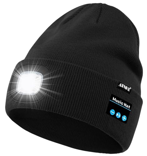 ATNKE LED Lighted Bluetooth Beanie Hat,USB Rechargeable 4 LED Wireless Music Running Headlamp Cap Gift for Men and Women - color: #Black