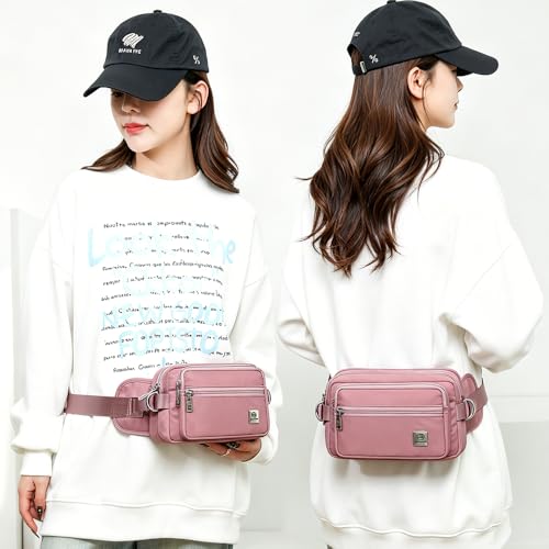 Fanny Pack for Women, Fashion Crossbody Waist Bag with 5 Zipper Pockets, Lightweight Adjustable Strap Chest Bag for Travel Hiking Running (Pink) - color: Pink