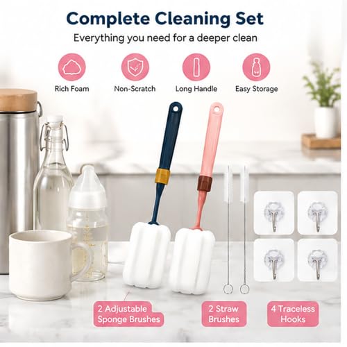 2-Pack Adjustable 12.9" Sponge Bottle Brushes Cleaning Set