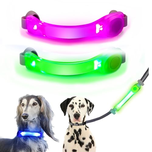 2 Pack LED Light for Dog Leash Harness, Light Up Dog Collar with Nylon Stickers, Waterproof Glow Light Easy to Attach to Collar Leash and Harness, Safety LED Light Up Band for Dogs at Night Walking - color: Green+Pink