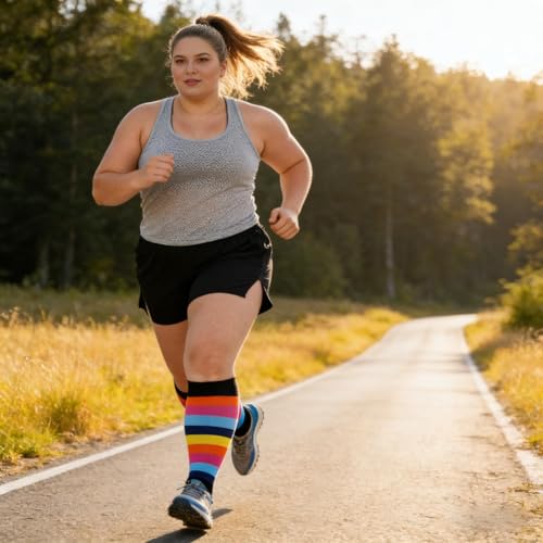 Abodhu Plus Size Compression Socks Open Toe Compression for Women& Men 15-20mmHg Wide Calf Knee High Toeless Compression Sock - color: Rainbow Stripes, size: X-Large-XX-Large