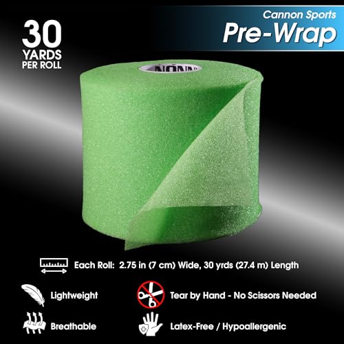 Cannon Sports Pre Wrap Foam Underwrap - 2 Pack, 2.75" x 30 Yards Per Roll (60 Total Yards) - Athletic Underwrap for Sports Tape, Training & Exercise (Green) - color: Green