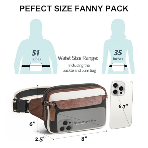LATMAP 3L Fanny Packs for Women Cross Body Bag Vegan Leather Waist Belt Bag - color: Black and Brown with Beige