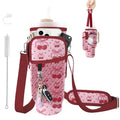 Water Bottle Carrier Bag for Stanley Cup 40/30oz, Neoprene Water Bottle Holder Pouch with 3 Pocket Adjustable Shoulder & Hand Strap - color: Pink Cherry Heart Bow