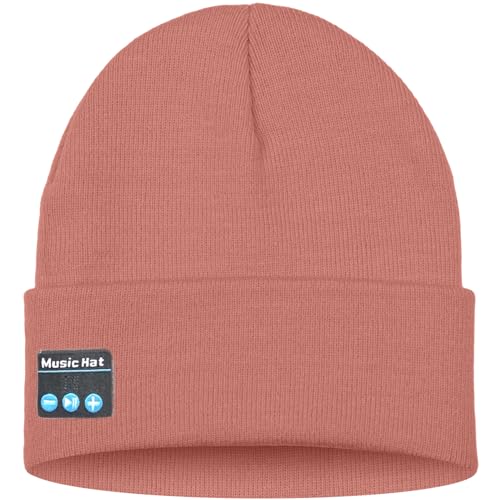 ATNKE LED Lighted Bluetooth Beanie Hat,USB Rechargeable 4 LED Wireless Music Running Headlamp Cap Gift for Men and Women - color: #Bean Paste Powder