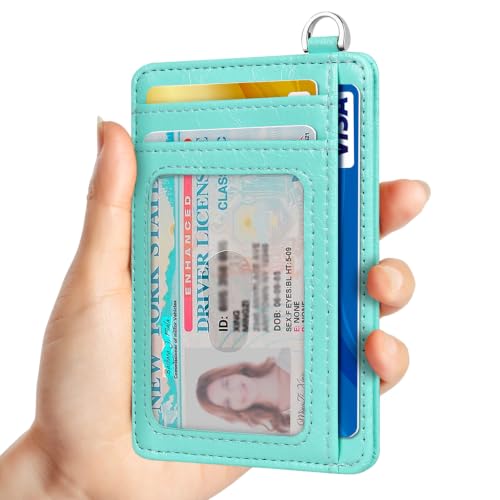 Slim Minimalist Front Pocket Wallet, RFID Blocking Credit Card Holder Wallet with Integrated D-Shackle for Men Women - color: Glossy Llight Turquoise