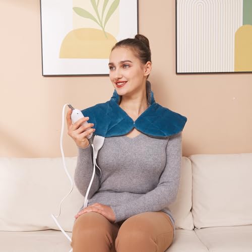 Ambershine 19''x24'' Weighted Neck & Shoulder Heating Pad, 2.5lbs with 12 Temperature Settings& 4 Auto-Off Timers, Pain Relief for Neck/Shoulder/Back(Gray&Blue) - color: 01-gray and Blue