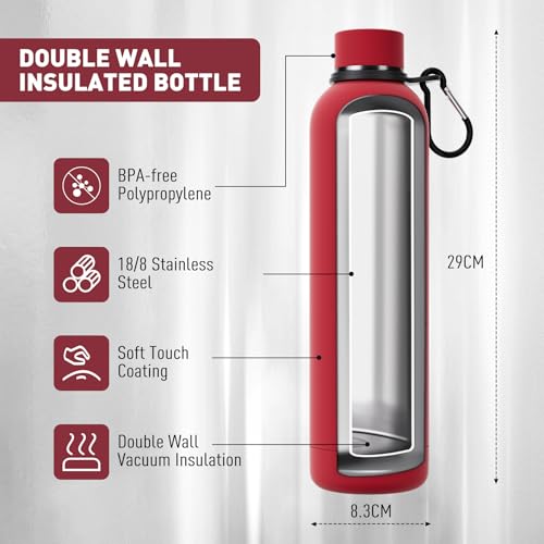 Exllena Slim Insulated Water Bottles for Travel 32oz with Clip, Double Wall Vacuum Stainless Steel Water Bottle Keeps Drinks Cold 24 Hrs/Hot 12 Hrs, 100% Leakproof, BPA Free（Red） - color: Red, size: 1 L