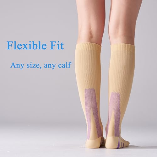 4 Pairs 20-30mmHg Compression Socks for Women Knee High Flying - color: Beige Mix, size: Small-Medium