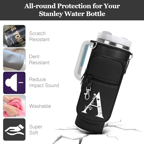 Initial Water Bottle Holder with Strap for Stanley Cup 40 oz Tumbler - color: Black, style: J