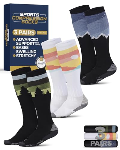 Pembrook 3 Pairs Compression Socks 20-30 mmHg - Compression Socks for Women and Men | Running, Athletic, Travel, Nurses - color: Nature Patterns (Mountains/Trees/Sunset) - 3 Pairs, size: Large