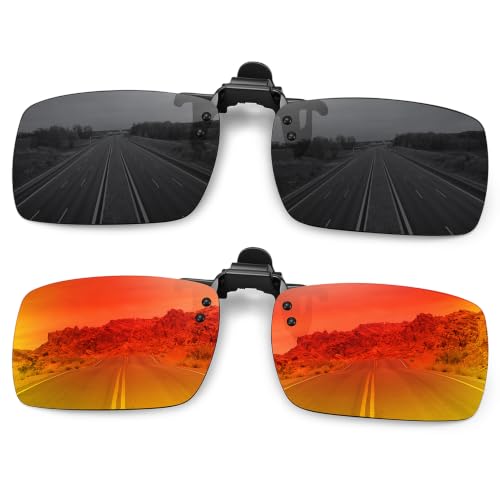 MEETSUN Polarized Clip On Sunglasses for Men Women, Fit Over Glasses - color: 2pack-black+red
