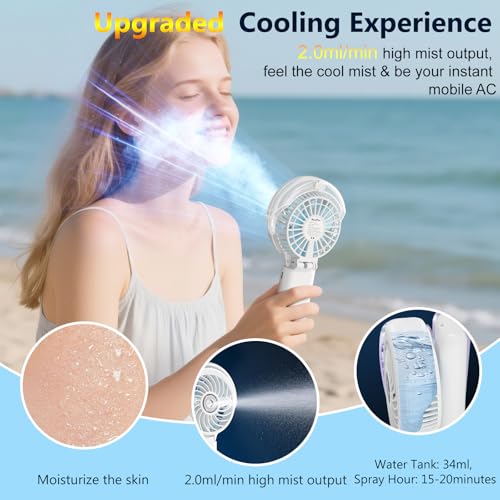 HandFan 5200mAh Upgraded Personal Misting Fan, Rechargeable Handheld Mister Fan, Spray Water Mist Fans, Portable Cooling AC, Electric Mini Hand Fans for Beach Travel Outdoors(White) - color: White