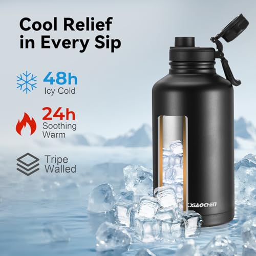 KXIAOCHEN Insulated Water Bottle with Strap, 48-Hour Cold, 2 Lids - color: Black-B, size: 64 Ounces