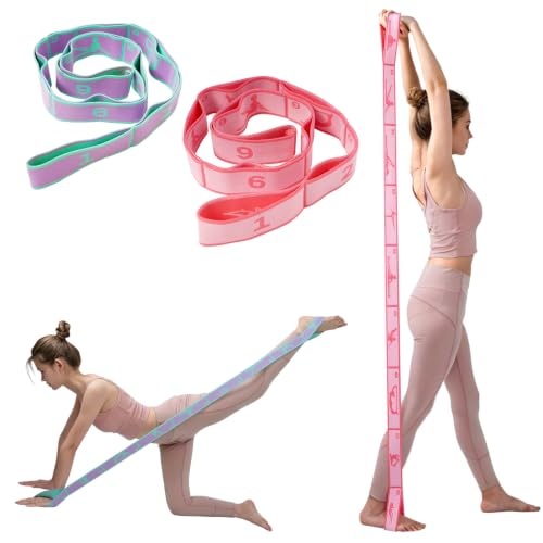 2 Pack 9-Loop Stretch Strap with Pose Guide Pattern, Elastic Yoga Band for Dance, Pilates, Gymnastics, Flexibility Exercise, Kids Workout Training, Youth Ballet Belt - color: Purple+Pink