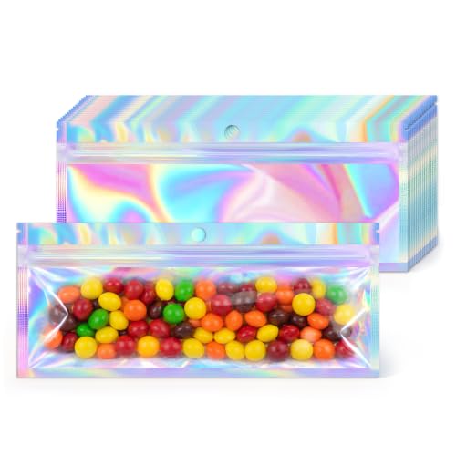 ANZNKU Holographic Bags Mylar Snack Bags 50PCS Small Zip Baggies 8.3x3.5" - color: Holographic, size: 8.3x3.5 Inch