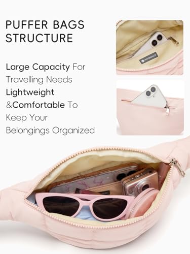 WESTBRONCO Puffer Fanny Packs for Women Small Crossbody Sling Bag, Nylon Quilted Belt Bag for Travel Hiking Running Waist Bag with Adjustable Strap - color: 202-Pink