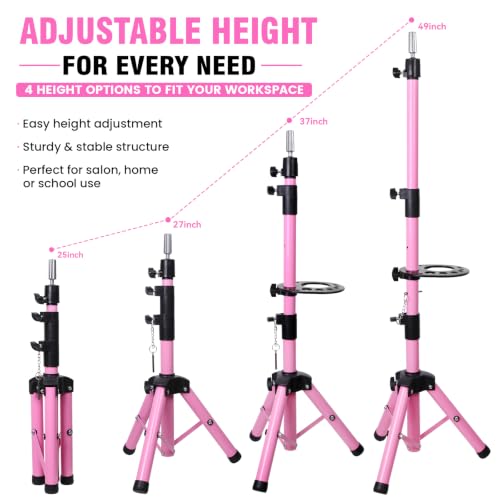 ZQIAN BEAUTY 55 Inch Heavy-duty Wig Head Stand, Adjustable Metal Mannequin Head Stand Tripod For Hairdressing Training Head, Wig Stand Tripod with Tool Tray (Pink, Mannequin Head Not Included) - color: Pink, size: 55 Inch