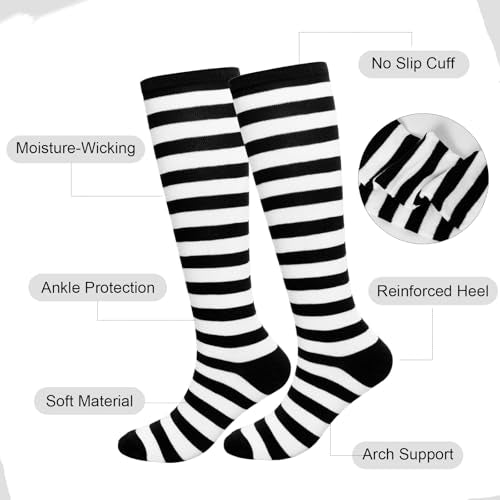 Gvhntk Knee High Striped Socks Long Thin Tube Sports Compression Socks Casual Stripe Tube Stockings for Running - color: Black and White