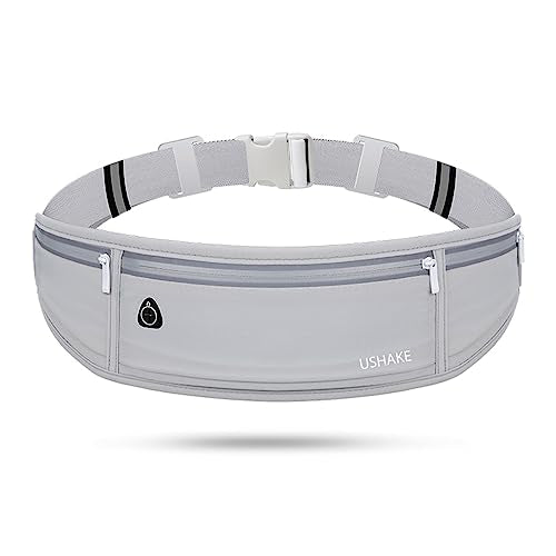 USHAKE Slim Running Belt, Bounce Free Fanny Pack Phone Holder - color: Light Grey