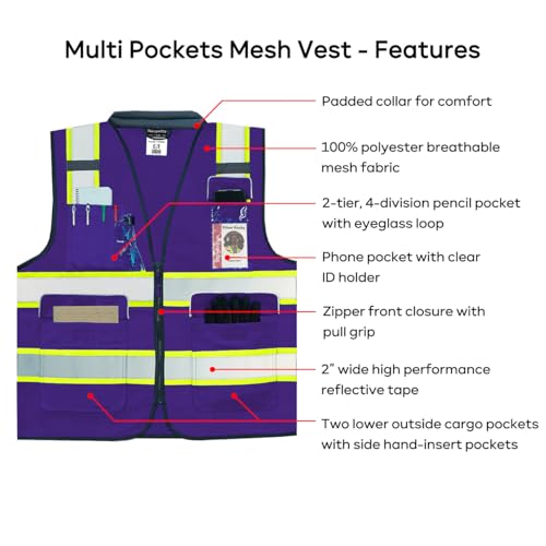 Neopelta Hi Vis Reflective Safety Vest for Men Women Purple Mesh/Yellow L - color: Purple / Yellow Trim, size: Large