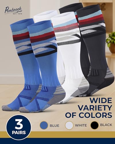 Pembrook 3 Pairs Compression Socks 20-30 mmHg - Compression Socks for Women and Men | Running, Athletic, Travel, Nurses - color: Line Pattern (Black/White/Blue) - 3 Pairs, size: X-Large