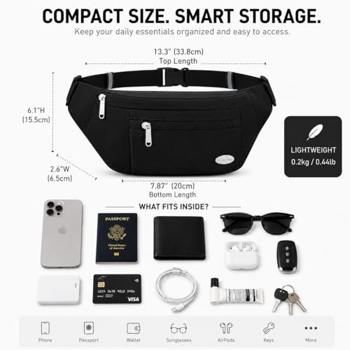 Entchin Water-Resistant Fanny Pack, 4-Zipper Belt Bag - color: Black
