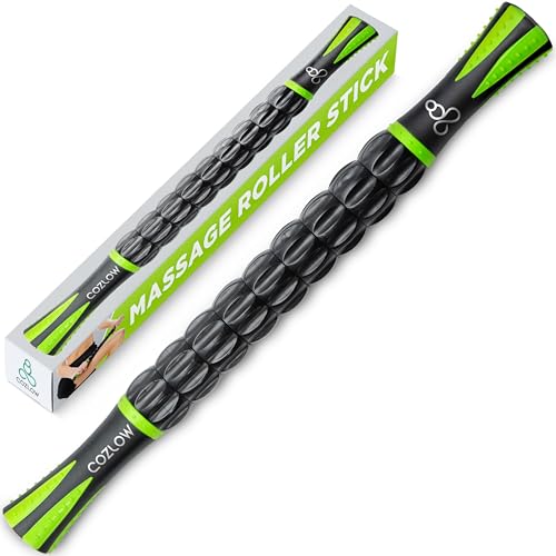 Muscle Roller Stick, Black Green, Hand Held Body Massager, 9 Rollers - color: Black, Green