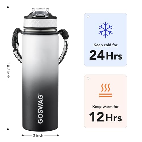 GOSWAG 24oz Insulated Stainless Steel Travel Water Bottle, 2 Lids - color: Gray-Black Ombré