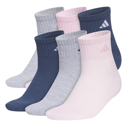 adidas Women's Athletic Cushioned Quarter Ankle Socks 6 Pairs - color: Cool Light Heather/Clear Pink/Dark Blue