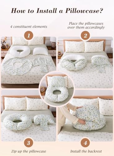 INSEN Wedge Pillow Set for Sleeping and After Surgery, Use for Acid Reflux, Reading and Relaxing, Headboard Pillow for Sitting in Bed - color: Green Flower
