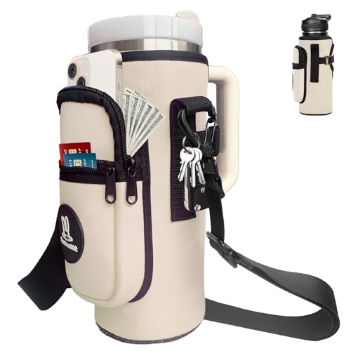 Sports rabbit Universal Water Bottle Holder with Strap & Phone Pocket - color: Cream, size: 40OZ