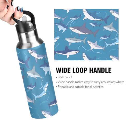 OTVEE Sharks Water Bottle Water Bottle Sports Water Bottle Insulated Stainless Steel Hot Cold Water Mug with Straw Lid & Handle for Sports Gym 20 oz - color: Sharks