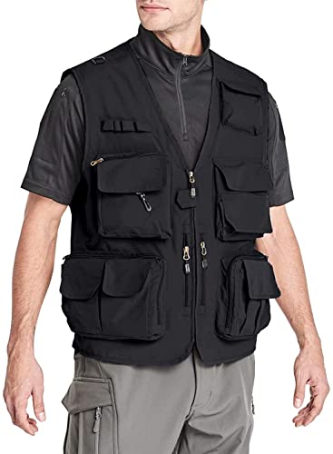 Lilychan Mens Utility Casual Fishing Vests Outdoor Vest Multi Pockets Cargo Vest Travel Hunting Camping Tactical Outerwear - color: Black, size: XX-Small