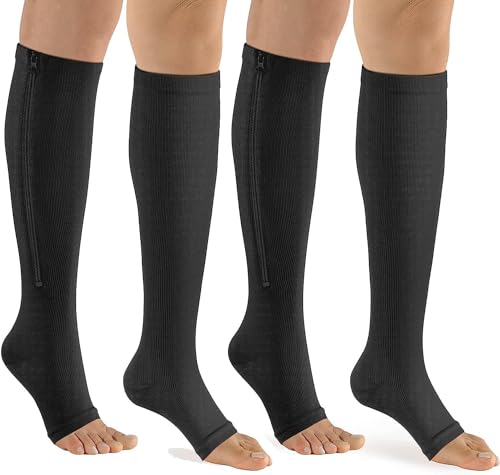 bropite Zipper Compression Socks Women & Men - 2Pairs Calf Knee High 15-20mmHg Open Toe Compression Stocking suit for Walking - color: A- Black, size: Large-x-large