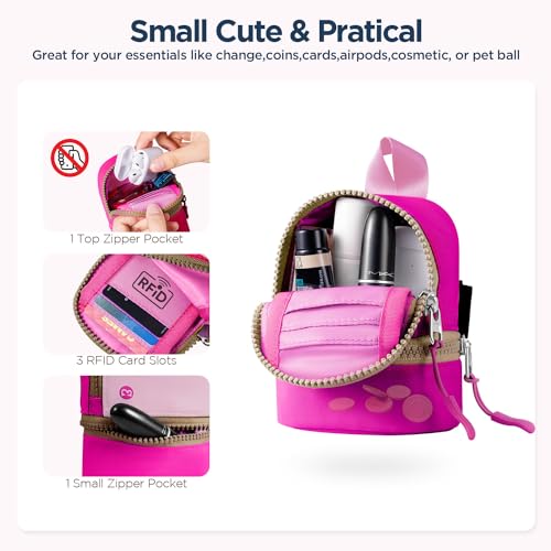 Babysun Mini Backpack Keychain Wristlet Pouch Small Change Coin Purse Cute Zipper Wallet With 3 RFID Card Slots For Women/Men Airpods Cosmetics - color: Hotpink