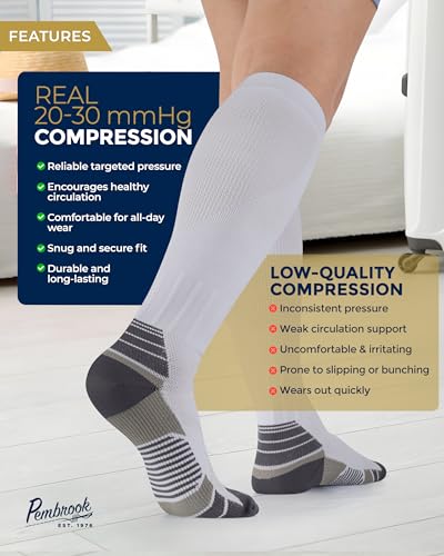 Pembrook 3 Pairs Compression Socks 20-30 mmHg - Compression Socks for Women and Men | Running, Athletic, Travel, Nurses - color: White - 3 Pairs, size: X-Large