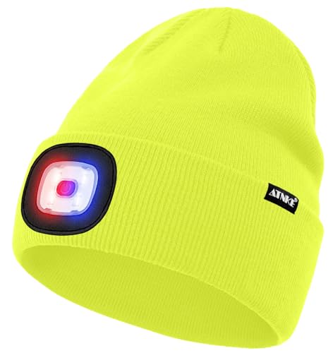 ATNKE LED Lighted Beanie Hat,USB Rechargeable 4 LED Red and Blue Flashing Running Headlamp Cap Gifts for Men and Women - color: #Fluorescent Yellow